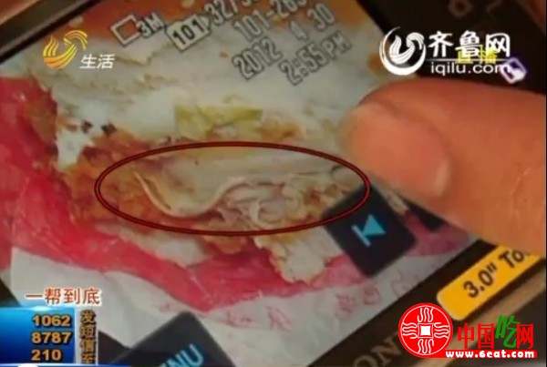 肯德基汉堡吃出寄生虫 餐厅表示是鸡肉血管
